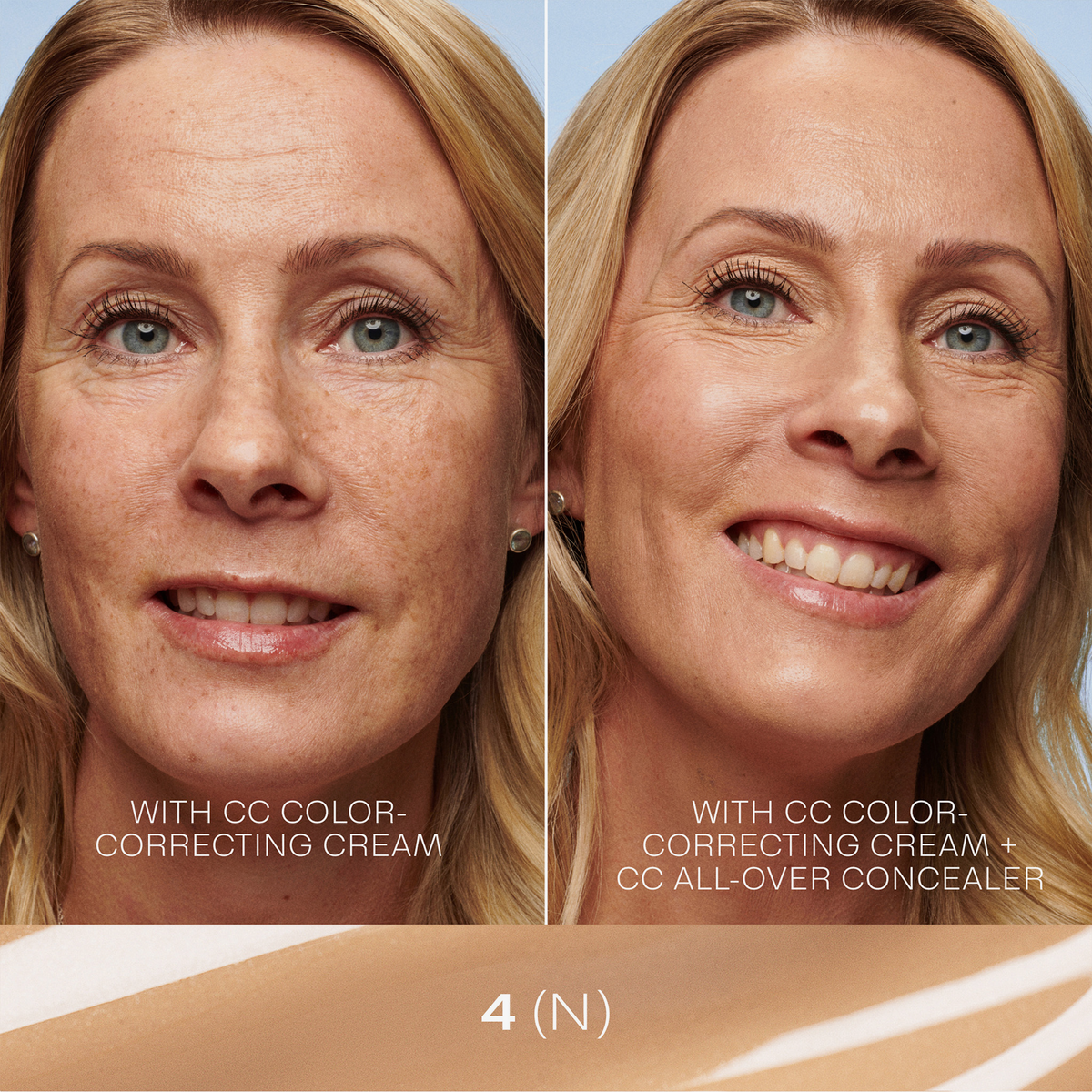 Blonde Frau vor und nach der Anwendung des Lumene CC All-Over Concealer 4 Tan - Nachher: ebenmäßiger, strahlenden Teint.