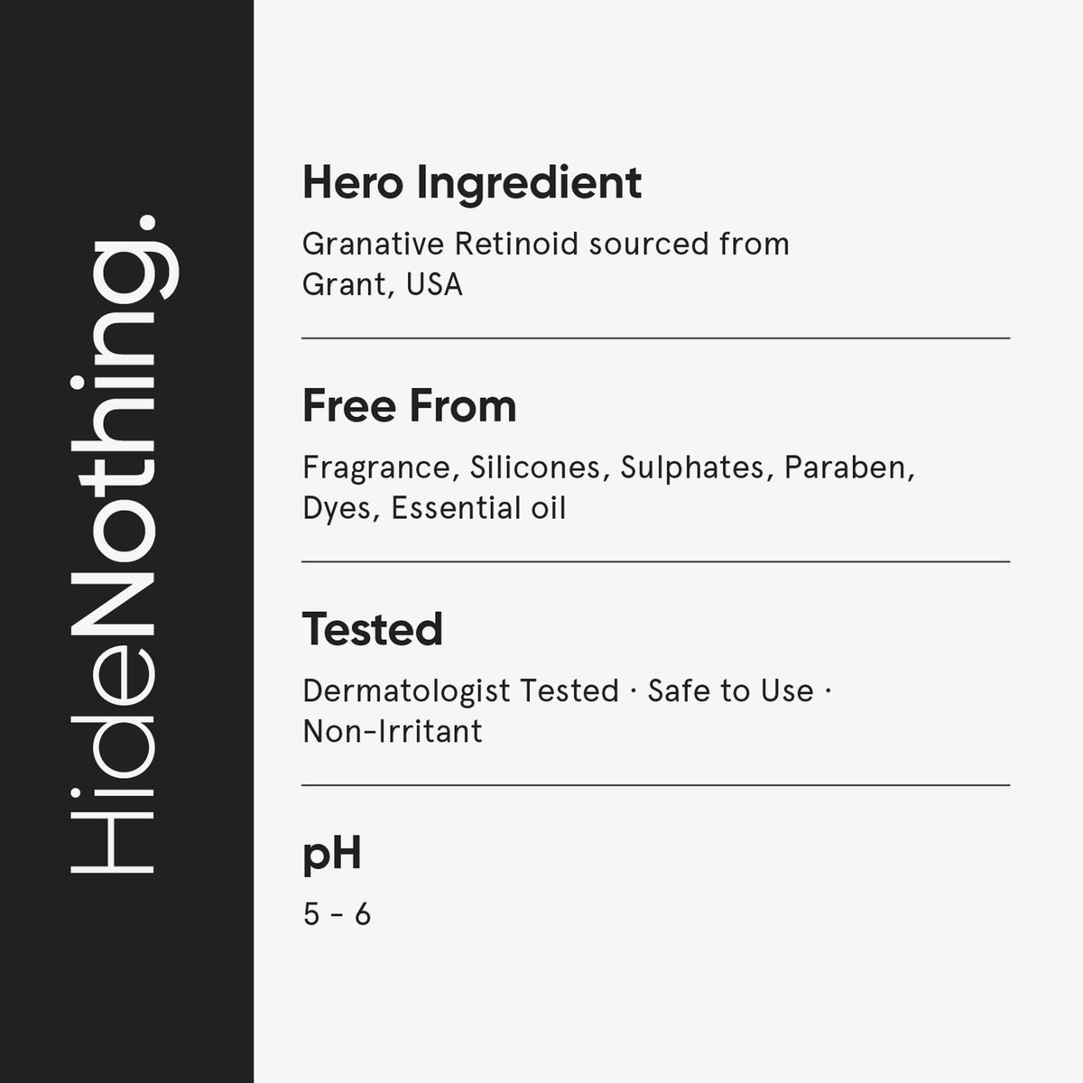 Minimalist-Designgrafik mit Infos zur Retinoid-Creme: Hauptwirkstoff aus den USA, frei von Duftstoffen, dermatologisch getestet, pH-Wert 5–6.