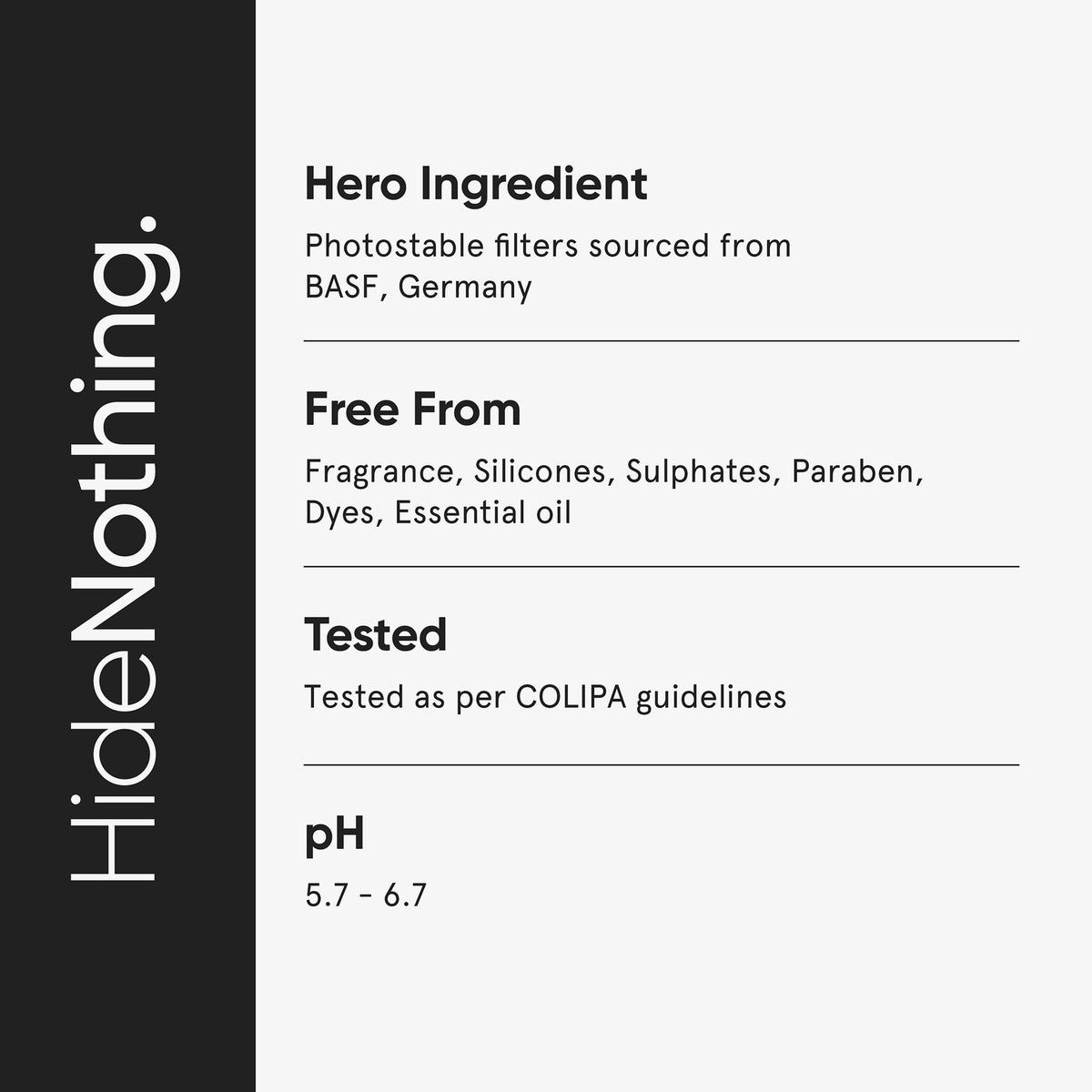 Infografik zu Minimalist SPF 50: Photostabile Filter aus Deutschland, frei von Duftstoffen, getestet nach COLIPA, pH-Wert 5,7–6,7. Links steht „Hide Nothing.