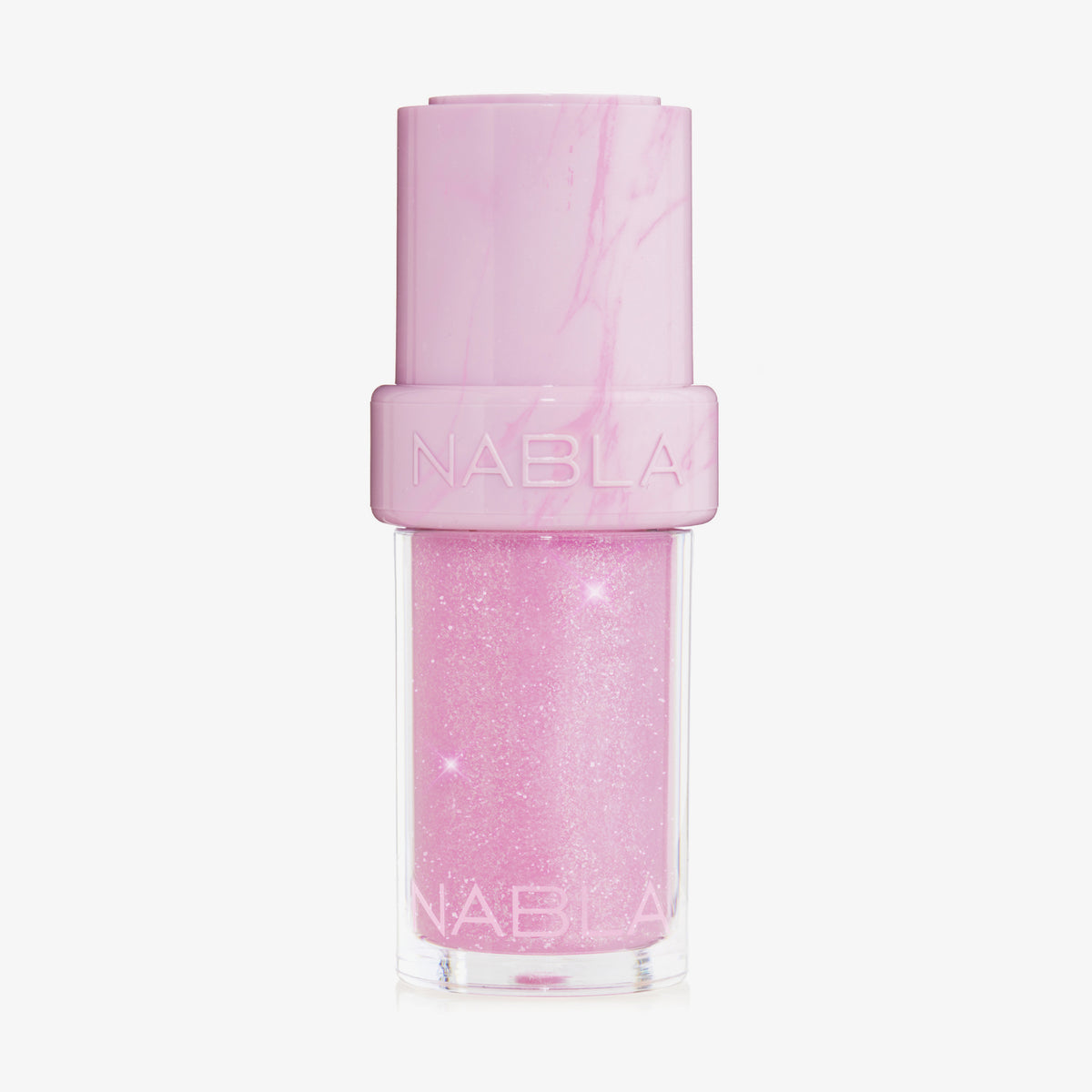 Ein Fläschchen NABLA Cosmetics Lip Candy Oil - Sweet Kiss Kit, mit rosa schimmerndem Glanz und einer hellrosa marmorierten Kappe mit NABLA-Prägung.