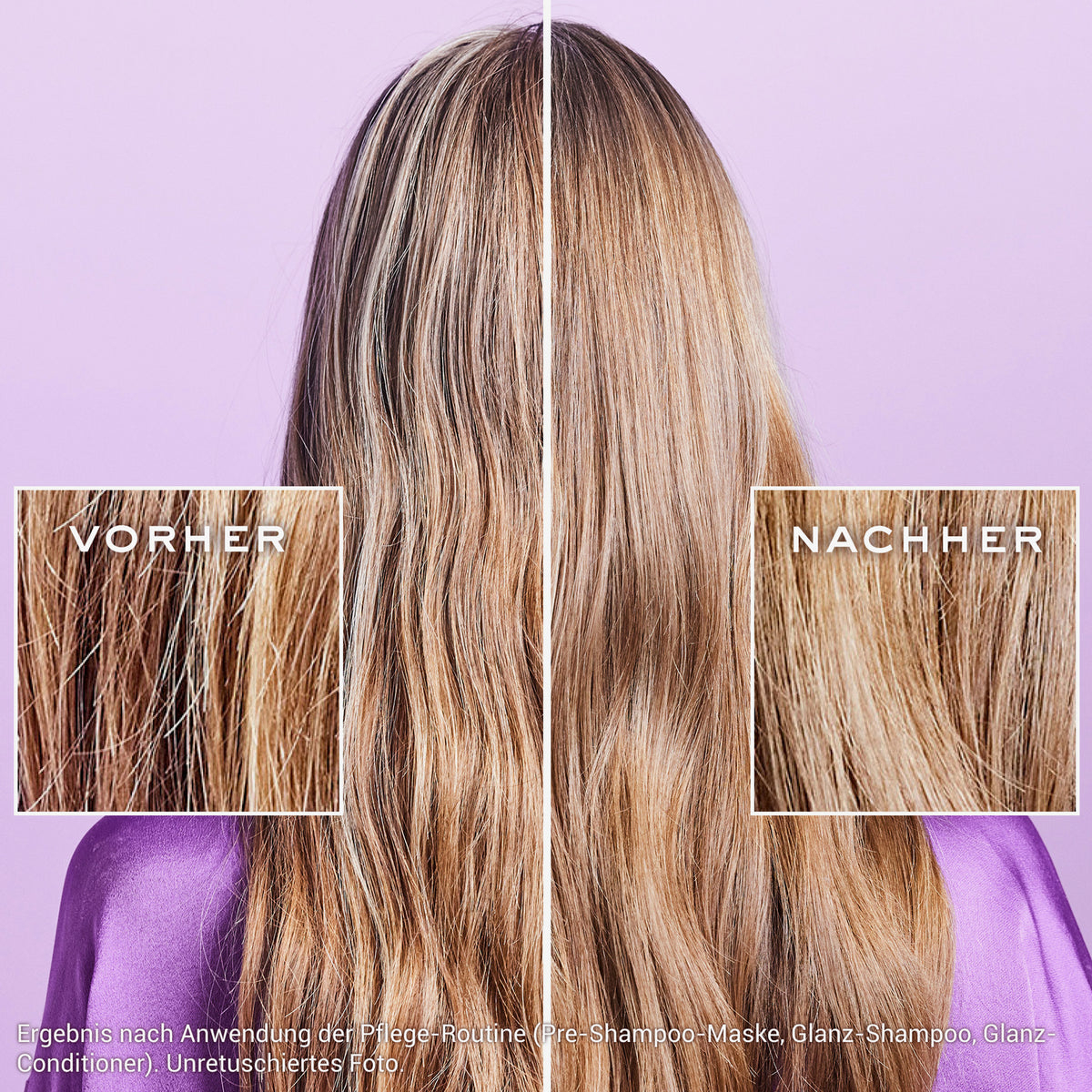 Vorher-Nachher-Vergleich von langen, blonden Haaren auf lila Hintergrund: links kraus und stumpf, rechts glatter und glänzender nach Pflegeroutine.