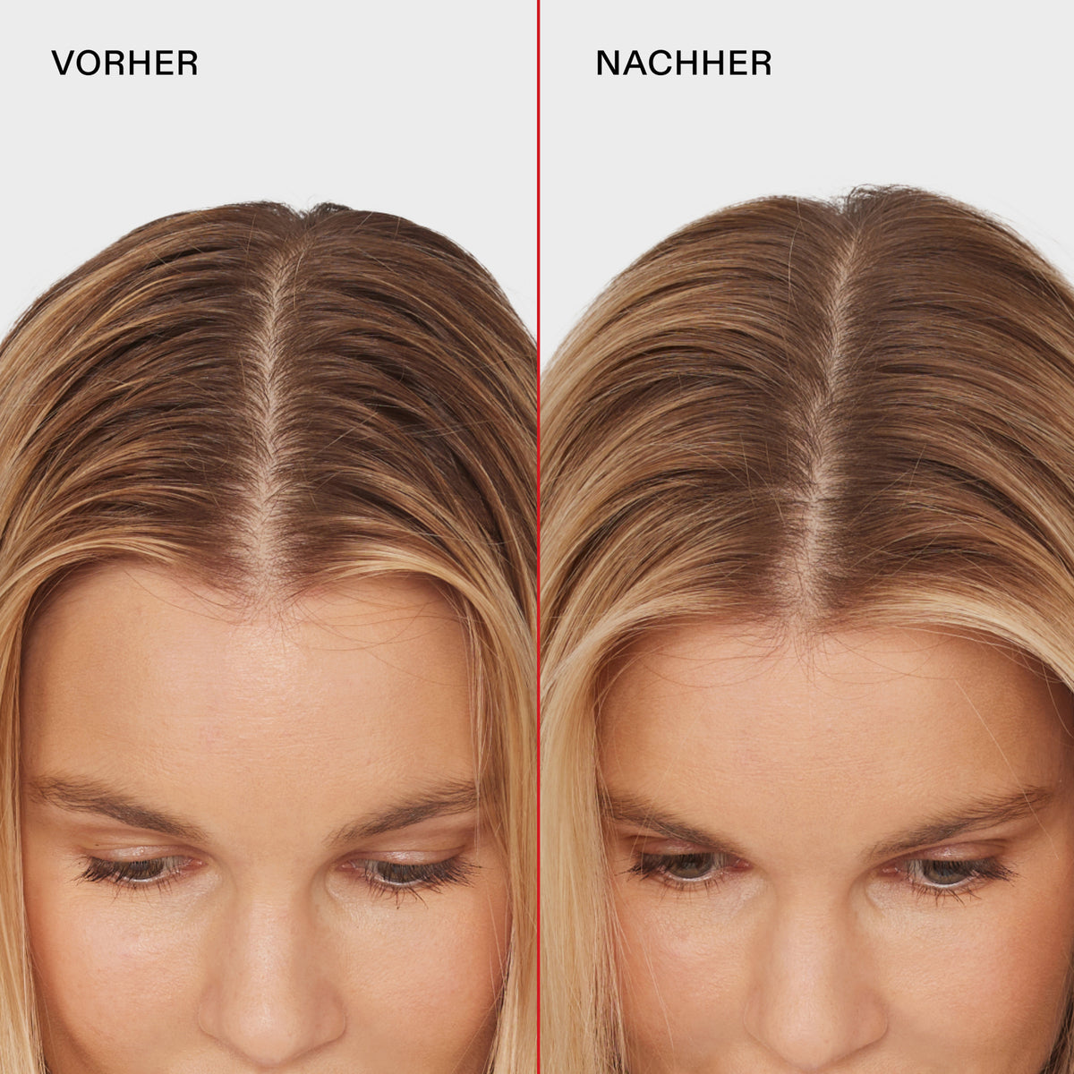 Vorher-Nachher-Bild: Frau mit dunkelblonden Haaren und fettigem Ansatz (links) und mattierten voluminöseren Haaren (rechts) nach  der Anwendung von N° 4D Clean Volume Detox Dry Shampoo.