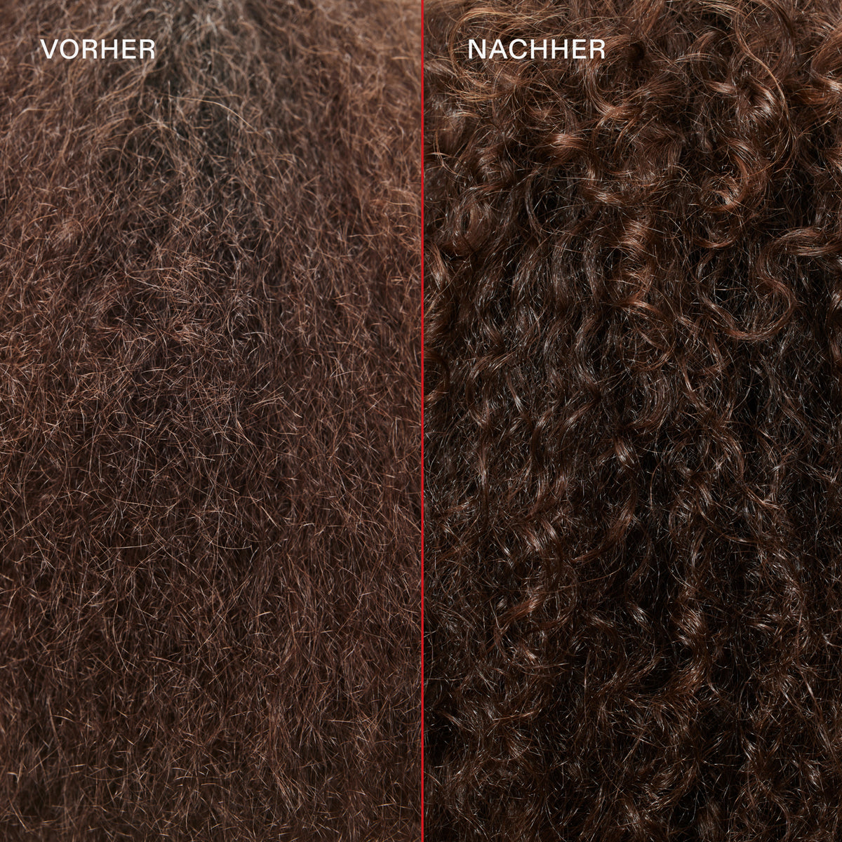 Braune krause Locken (links) vor und glänzende definierte Locken (rechts) nach der Anwendung des N°7 Bonding Oil 30ml.