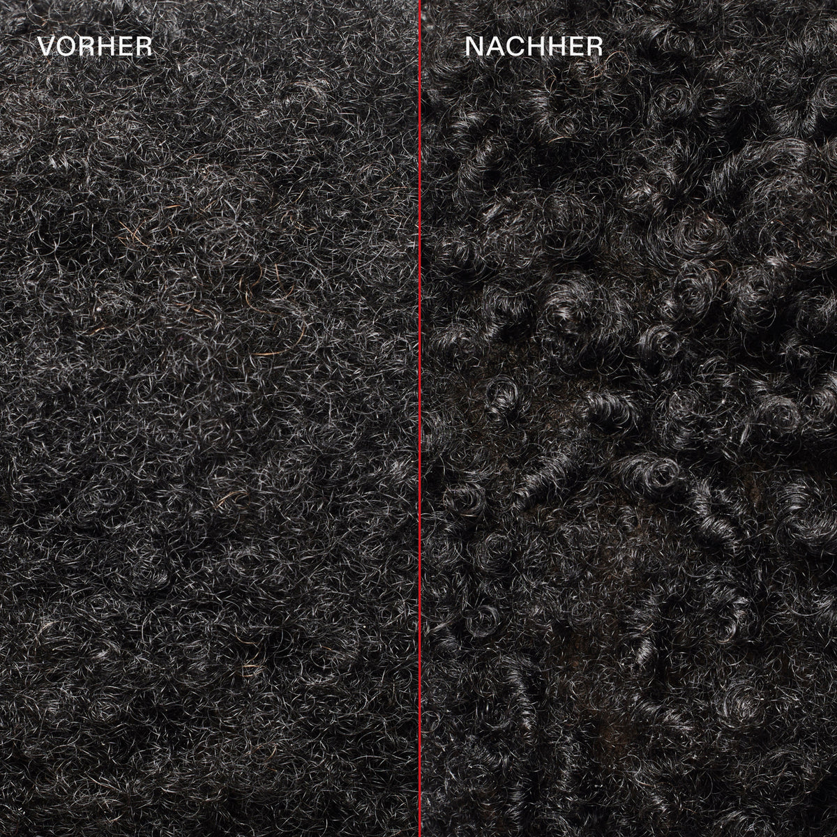 Schwarze krause Lcoken (links) vor und glänzende definiertere Locken (rechts) nach der Anwendung des N°9 Bond Protector Nourishing Hair Serum.