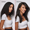 Frau mit schwarzem lockigem plattem Haar (links) vor und voluminösem glatten Haar (rechts) nach der Anwendung des Volumizing Blow Dry Mist.
