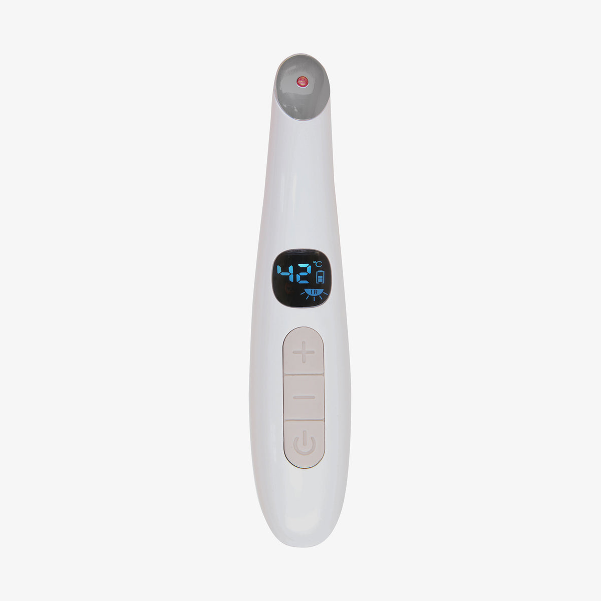 Das Beauty Eye Massager verfügt über ein weißes digitales Thermometerdesign mit einem Anzeigebildschirm und Steuertasten auf grauem Hintergrund.