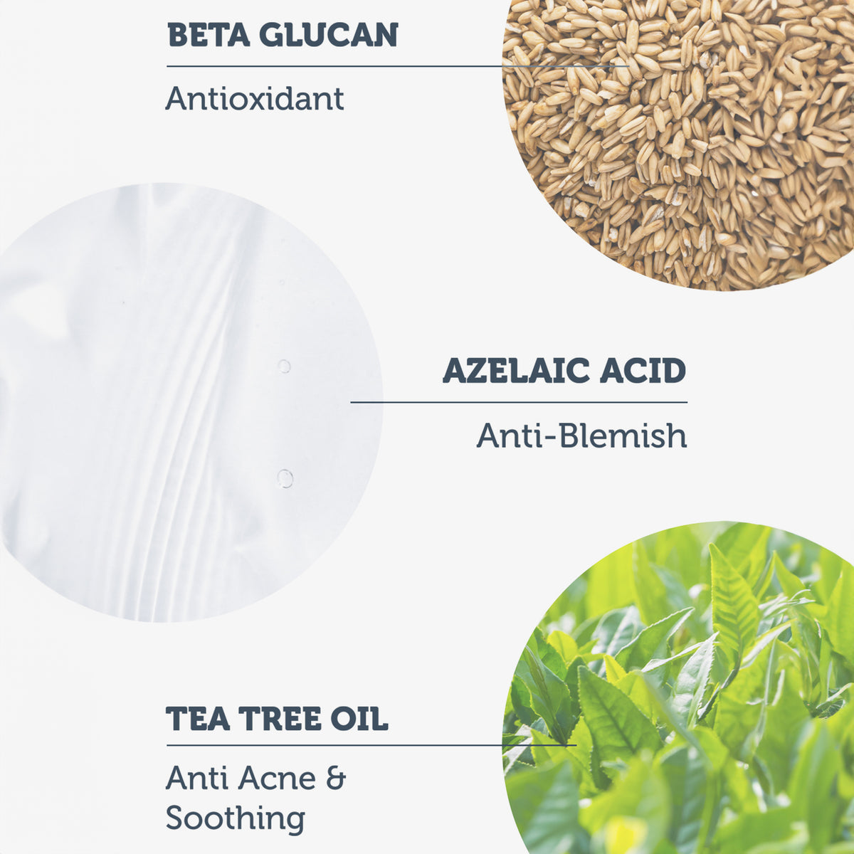 Darstellung von Beta-Glucan, Azelainsäure und Teebaumöl mit Wirkung gegen Unreinheiten, Akne und oxidativen Stress, ergänzt durch Symbolbilder.