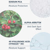 Bild zeigt drei Hauptinhaltsstoffe: Sodium PCA für Feuchtigkeitsschutz, Alpha Arbutin gegen Pigmentflecken und 4D Hyaluronsäure zur Feuchtigkeitsversorgung.