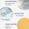 Drei kreisförmige Bilder mit den Inhaltsstoffen des Peeling: AHA-Konzentrat, Glykolsäure und eine Inulin-Fructose-Mischung, jeweils begleitet von einem beschreibenden Text.