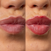 Eine Nahaufnahme der Lippen vor (links) und nach (rechts) dem Auftragen des Lipgloss.