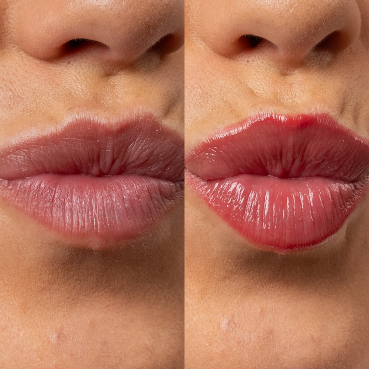 Eine Nahaufnahme der Lippen vor (links) und nach (rechts) dem Auftragen des Lipgloss.