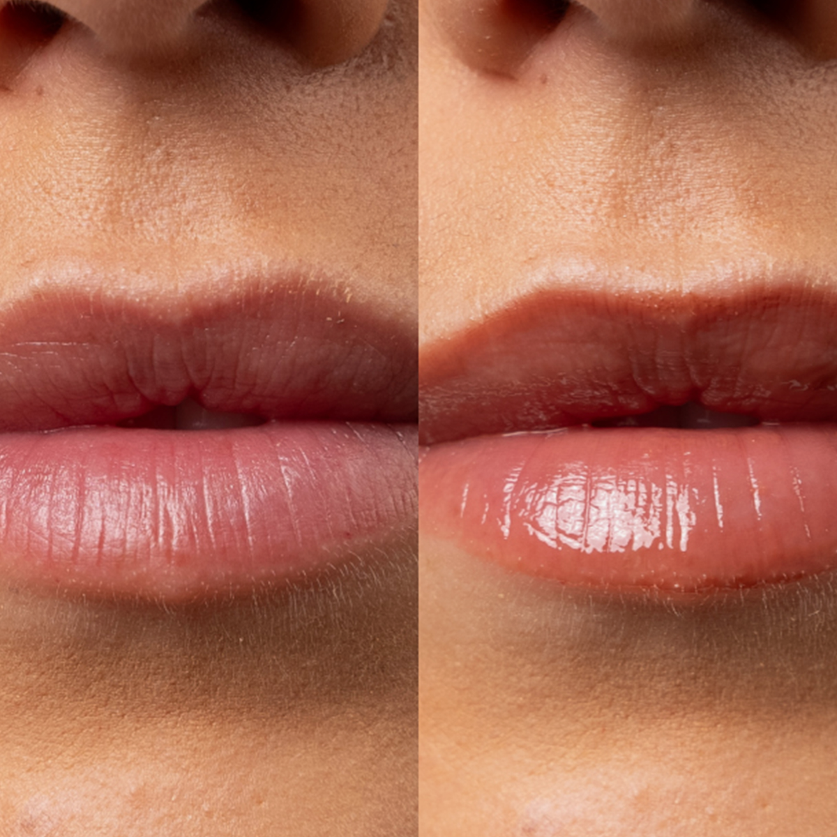 Nahaufnahme von Lippen im Vorher-nachher-Vergleich: links ungeschminkt, rechts mit glänzendem Lipgloss in Terrakotta-Nuance aufgetragen.