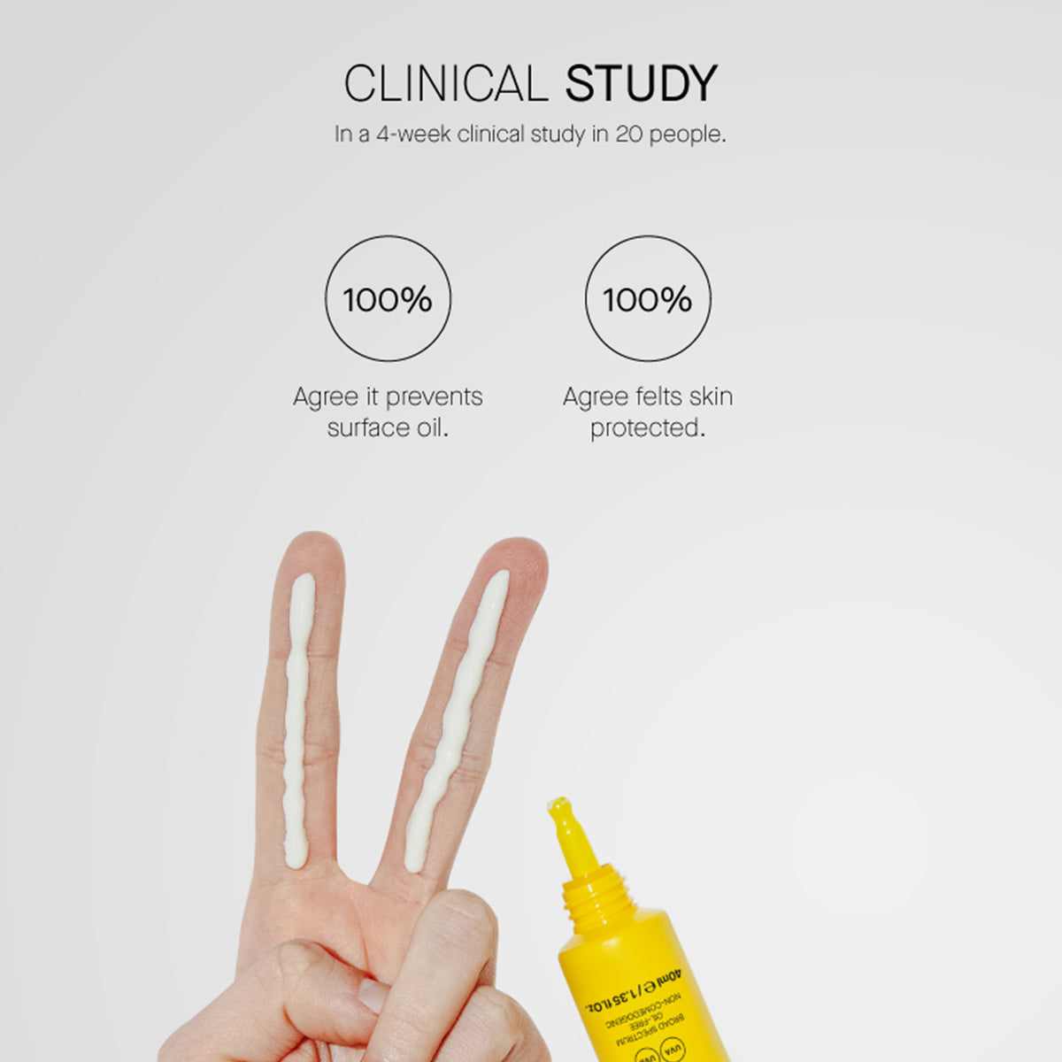 Eine Peace-zeigende Hand mit zwei Streifen Zitcontrol SPF 50 Creme auf den beiden Fingern, darüber Studienergebnisse