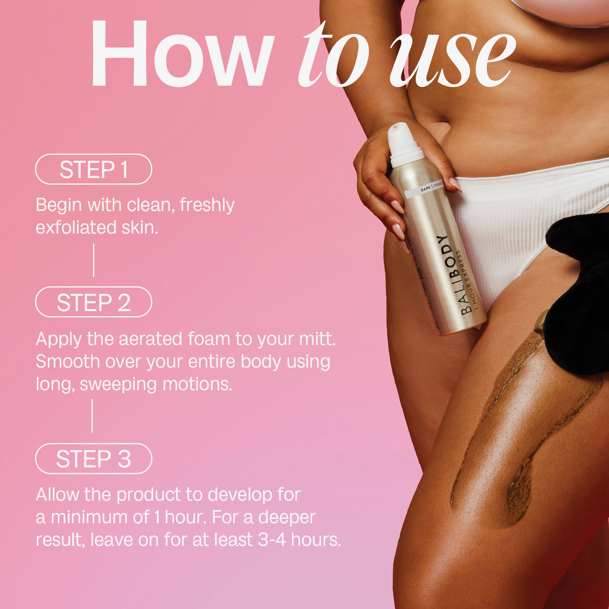 Person in weißer Unterwäsche trägt 1 HR Express 120g Dark von Bali Body auf ihr Bein auf und hält die Dose in der Hand; daneben Anwendungshinweise.