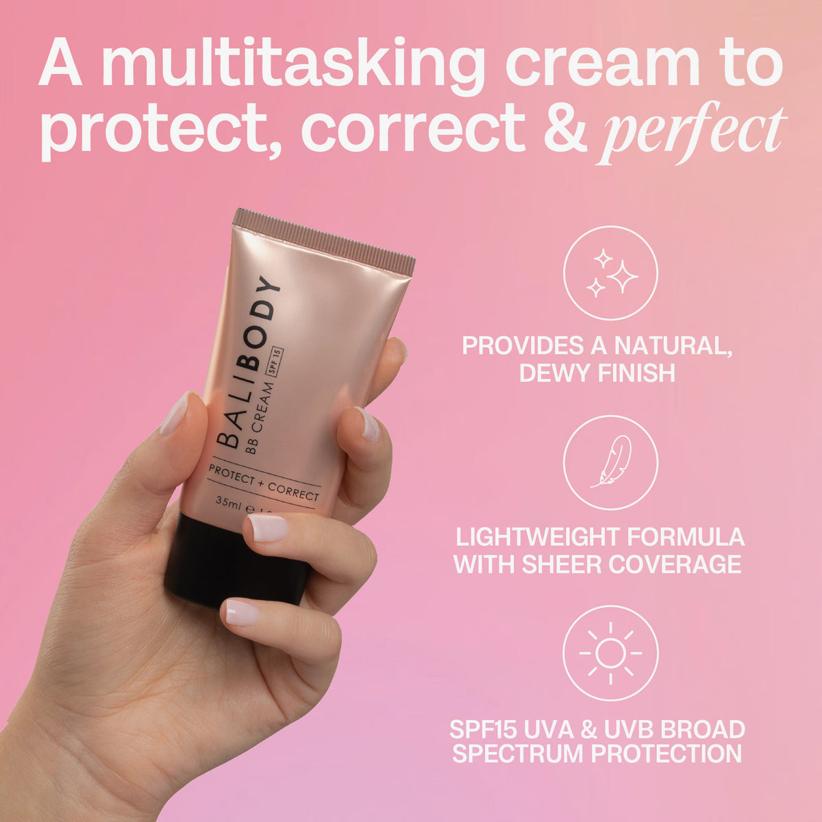 Hand hält eine Tube BB Cream vor einem rosa Hintergrund, daneben sind Vorteile aufgelistet