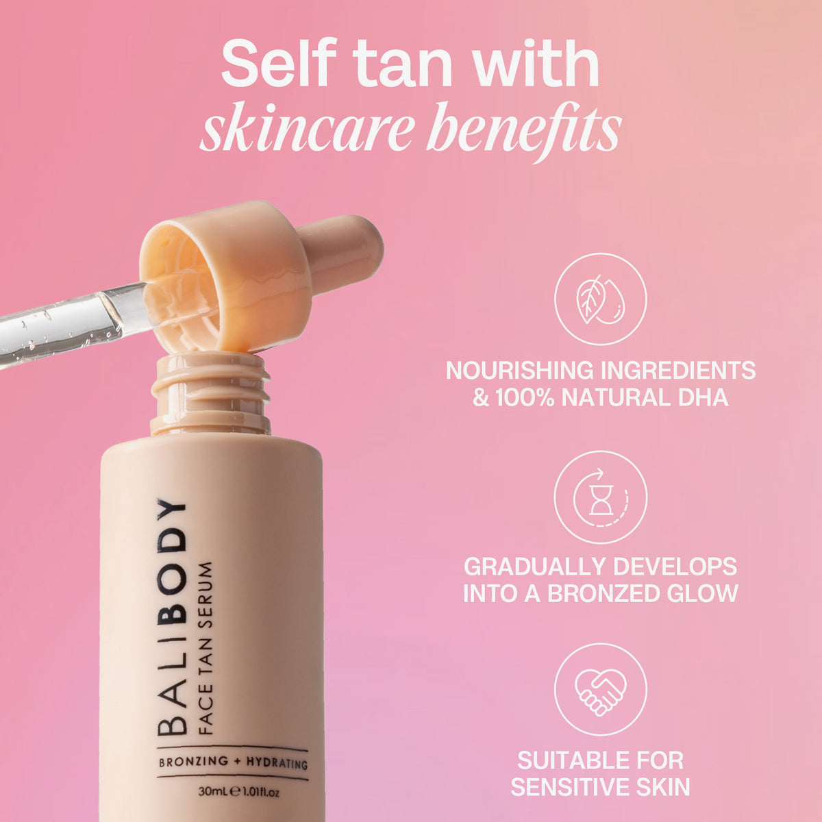 Offenes Face Tan Serum von Bali Body mit Pipette, rechts daneben Vorteile des Produkts
