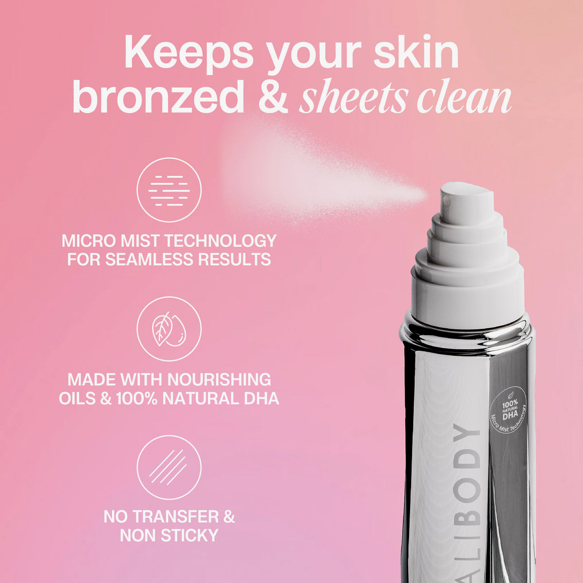 Eine Sprühflasche Self Tan Body Mist mit Mikronebel auf rosa Hintergrund; daneben Vorteile des Produkts