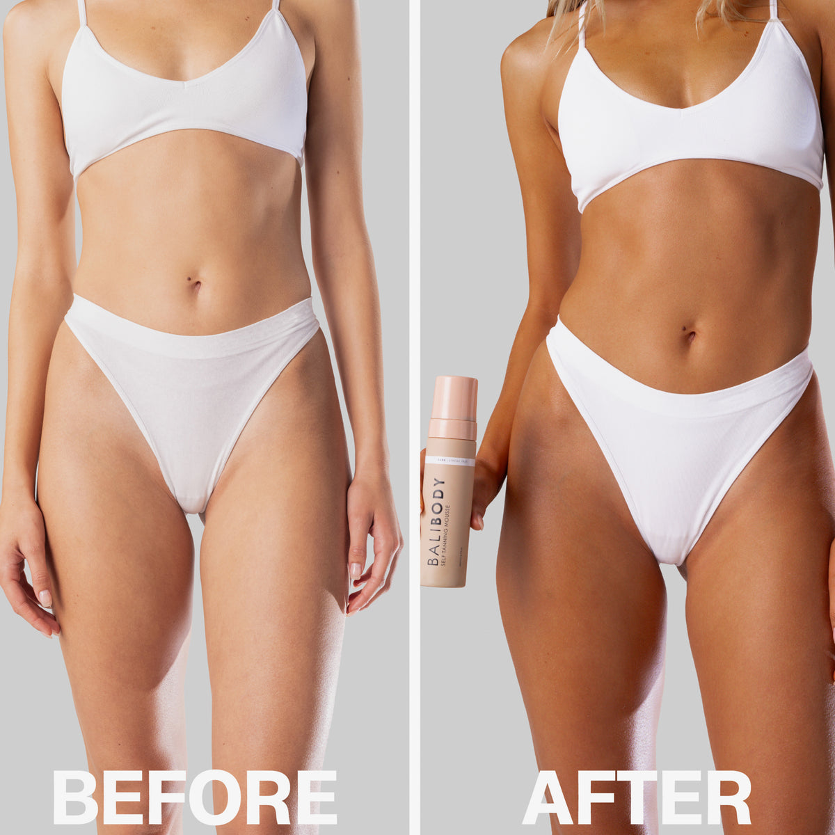 Vorher-Nachher-Bild einer Frau in weißem Bikini; danach deutlich gebräunter und dem Bali Body Self Tanning Mousse Dark in der Hand