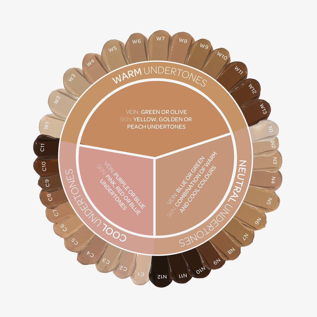Ein Kreis mit alles Farbmustern der Chroma Cover Foundation Luminous und Beschreibung zu neutralen, kühlen und warmen Shades.