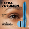 Nahaufnahme eines Auges mit getuschten Wimpern, daneben Glam & Doll False Lashes Mascara Waterproof 010 mit kegelförmiger Bürste für wasserfestes Volumen und intensiven Effekt.