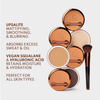 Mehrere aufeinander gestapelte Yummy Skin Blurring Balm Powder; daneben Vorteile des Produkts.