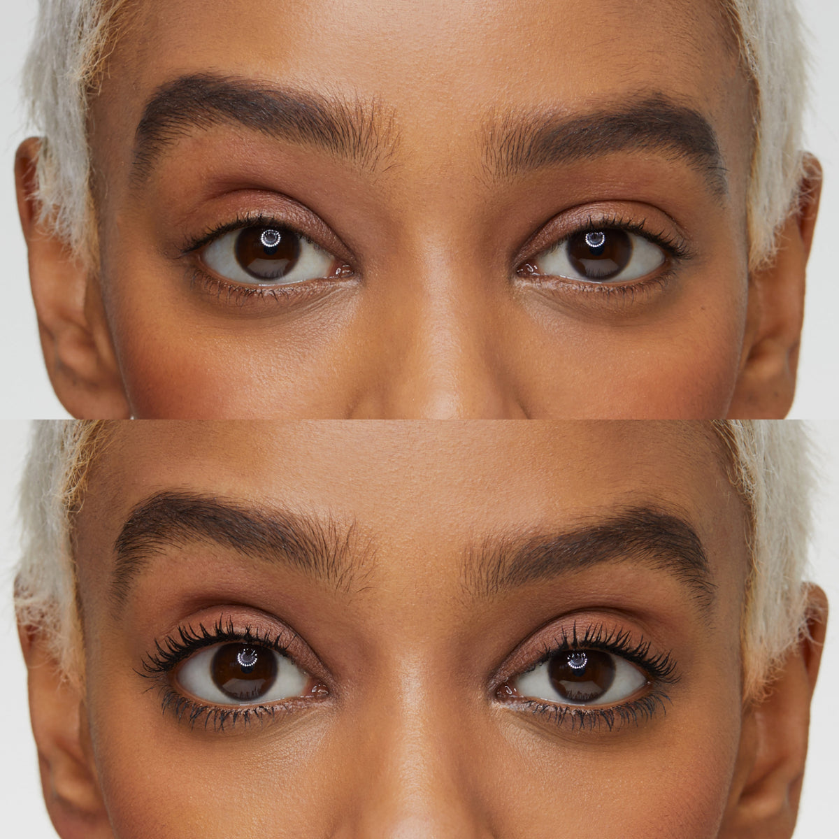 Nahaufnahme brauner Augen vor (oben) und nach (unten) dem Auftragen der I LOVE EXTREME Volume Mascara 01. Die Wimpern sind sichtbar voller und länger.