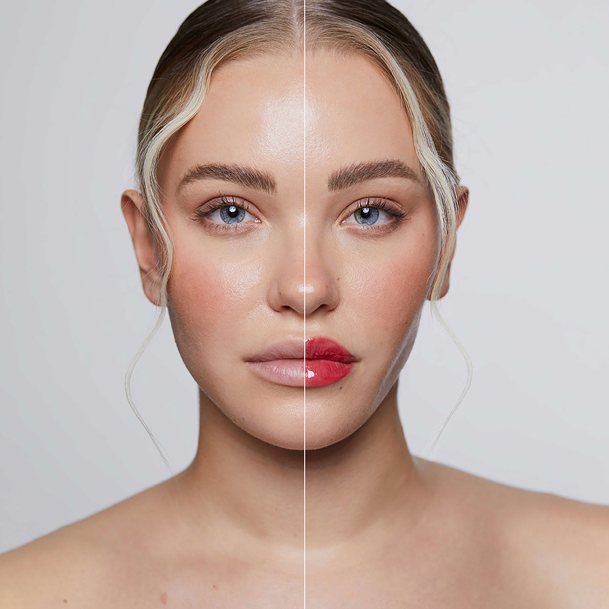 Das Gesicht einer Frau ist in der Mitte geteilt, links ohne, rechts mit volleren glänzenden Lippen durch den Plumpy Lip Gloss.