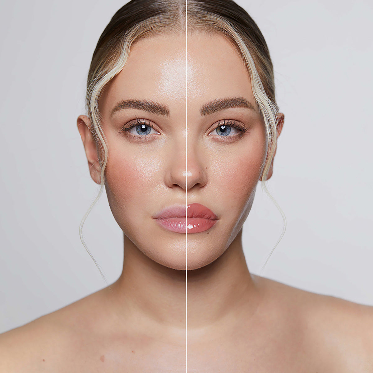 Das Gesicht einer Frau ist in der Mitte geteilt, links ohne, rechts mit volleren glänzenden Lippen durch den Plumpy Lip Gloss.