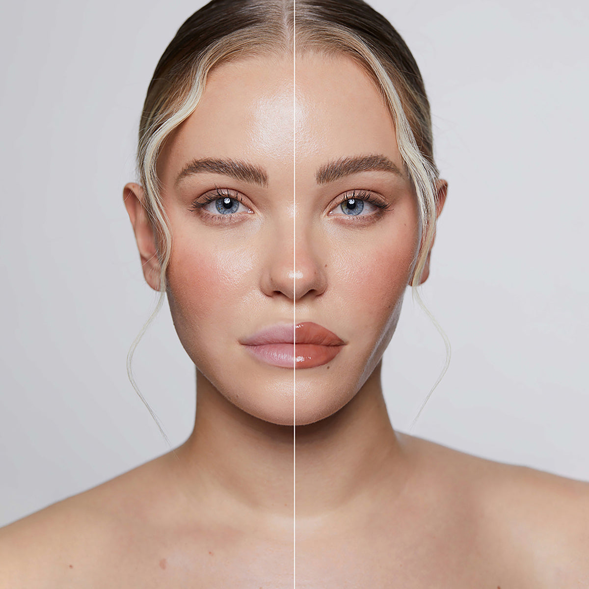 Das Gesicht einer Frau ist in der Mitte geteilt, links ohne, rechts mit volleren glänzenden Lippen durch den Plumpy Lip Gloss.