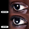 Nahaufnahme eines Auges vor und nach dem Tuschen: Oben natürliche Wimpern, unten deutlich längere, dichtere und getuschte Wimpern.