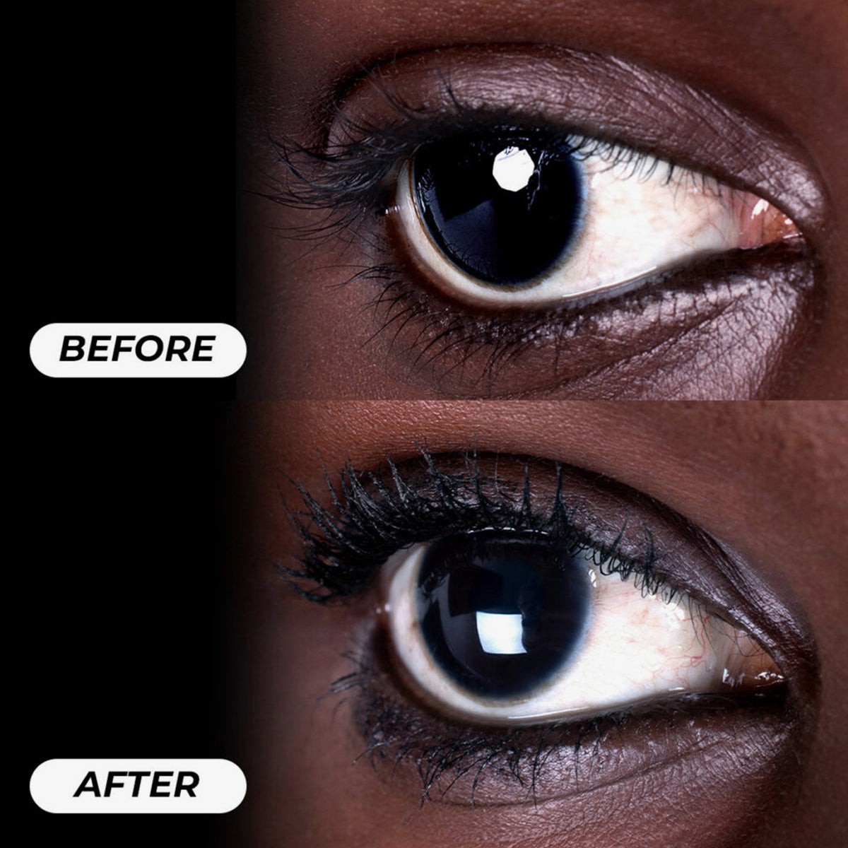 Nahaufnahme eines Auges vor und nach dem Tuschen: Oben natürliche Wimpern, unten deutlich längere, dichtere und getuschte Wimpern.