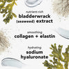 Grafik zu Wirkstoffen: Algenextrakt nährstoffreich, Kollagen und Elastin glättend, Natriumhyaluronat feuchtigkeitsspendend – dekoriert mit Texturen.