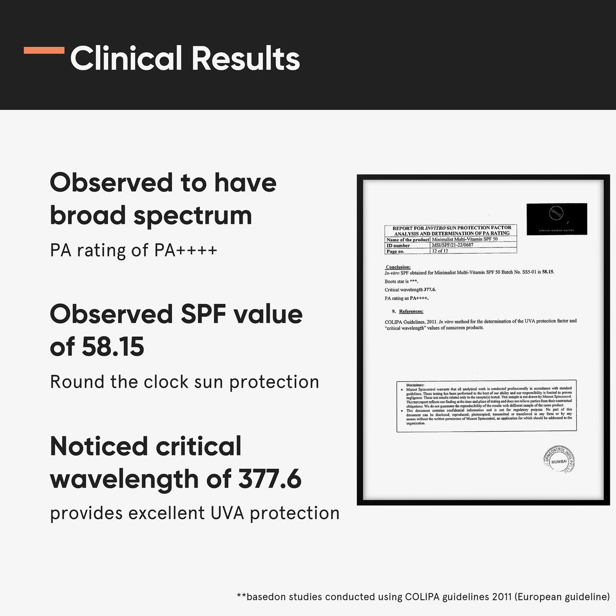 Klinische Ergebnisse zur Minimalist SPF 50: breites Spektrum, SPF-Wert 58,15, PA++++, UVA-Schutz mit kritischer Wellenlänge von 377,6 nm.