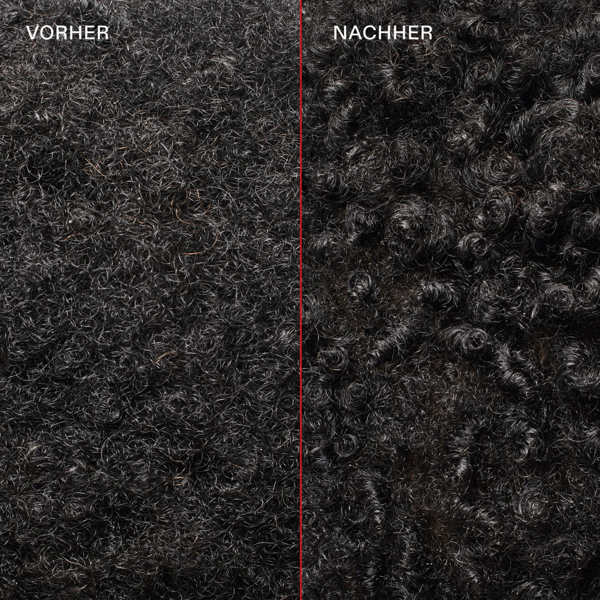 Schwarze strapazierte Locken (links) vor und glänzende definiertere Locken (rechts) nach der Anwendung vom N°4 Bond Maintenance Shampoo.