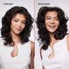 Frau mit dunkelbraunen undefinierten Locken (links) vor und voluminöseren definierten Locken (rechts) nach der Anwendung des Volumizing Blow Dry Mist.