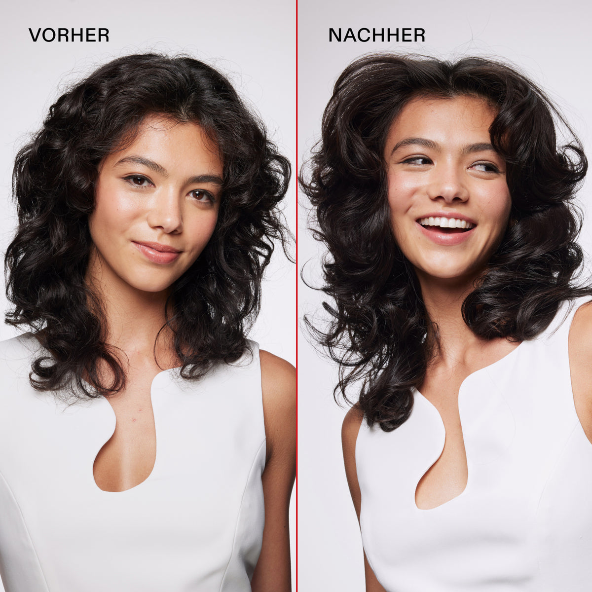 Frau mit dunkelbraunen undefinierten Locken (links) vor und voluminöseren definierten Locken (rechts) nach der Anwendung des Volumizing Blow Dry Mist.