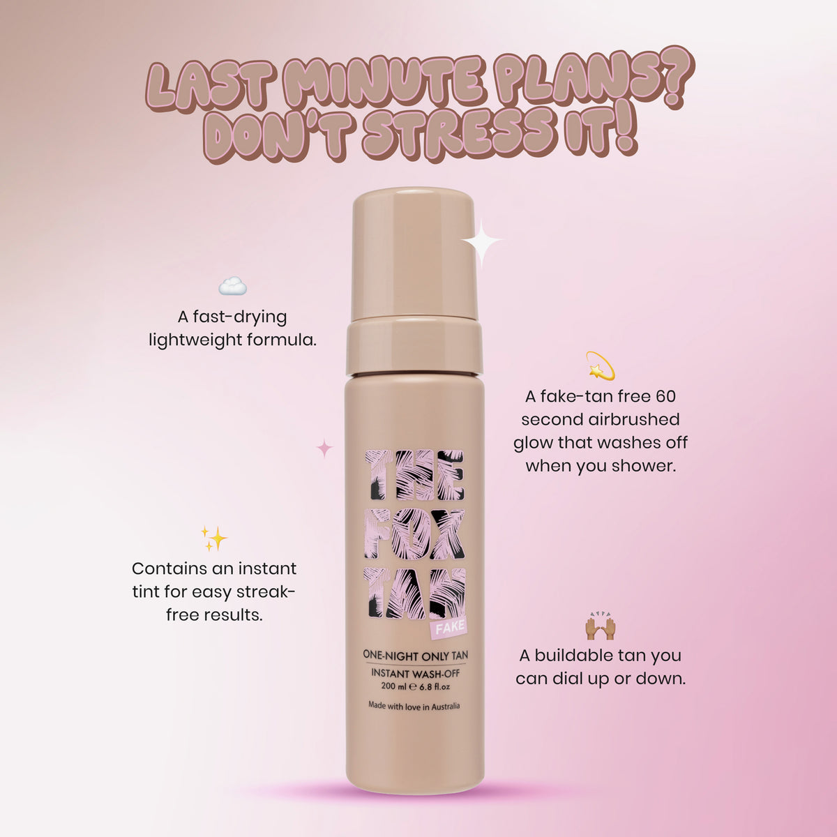 One Night Only Tan Instant Wash Off-Flasche mit Produktbeschreibungen auf einem rosa Hintergrund mit Farbverlauf.