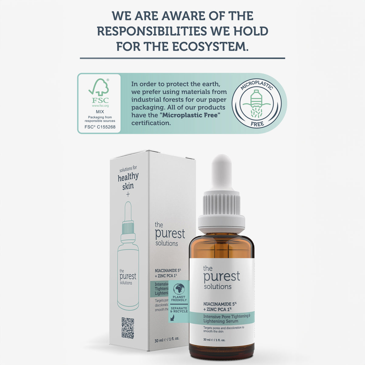 Unter dem Text zur ökologischen Verantwortung und Verpackung befinden sich eine Tropfflasche und die Schachtel des Niacinamide Serums.