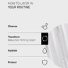 Routine in 4 Schritten: Cleanse, Transform (Bakuchiol firming Cream), Hydrate, Protect. Textur rechts abgebildet.
