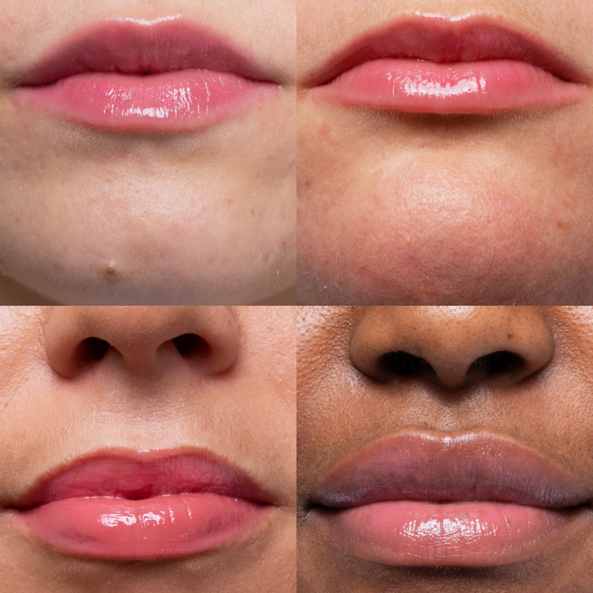 Nahaufnahme von vier Lippen mit Tinted Lipgloss SPF50 in glänzendem Pink, präsentiert auf verschiedenen Hauttönen.