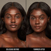 Vorher-Nachher-Bild einer Frau mit dunklem Hautton nach Anwendung der Yummy Skin Serum Foundation 26N – sichtbar ebenmäßiger Teint.