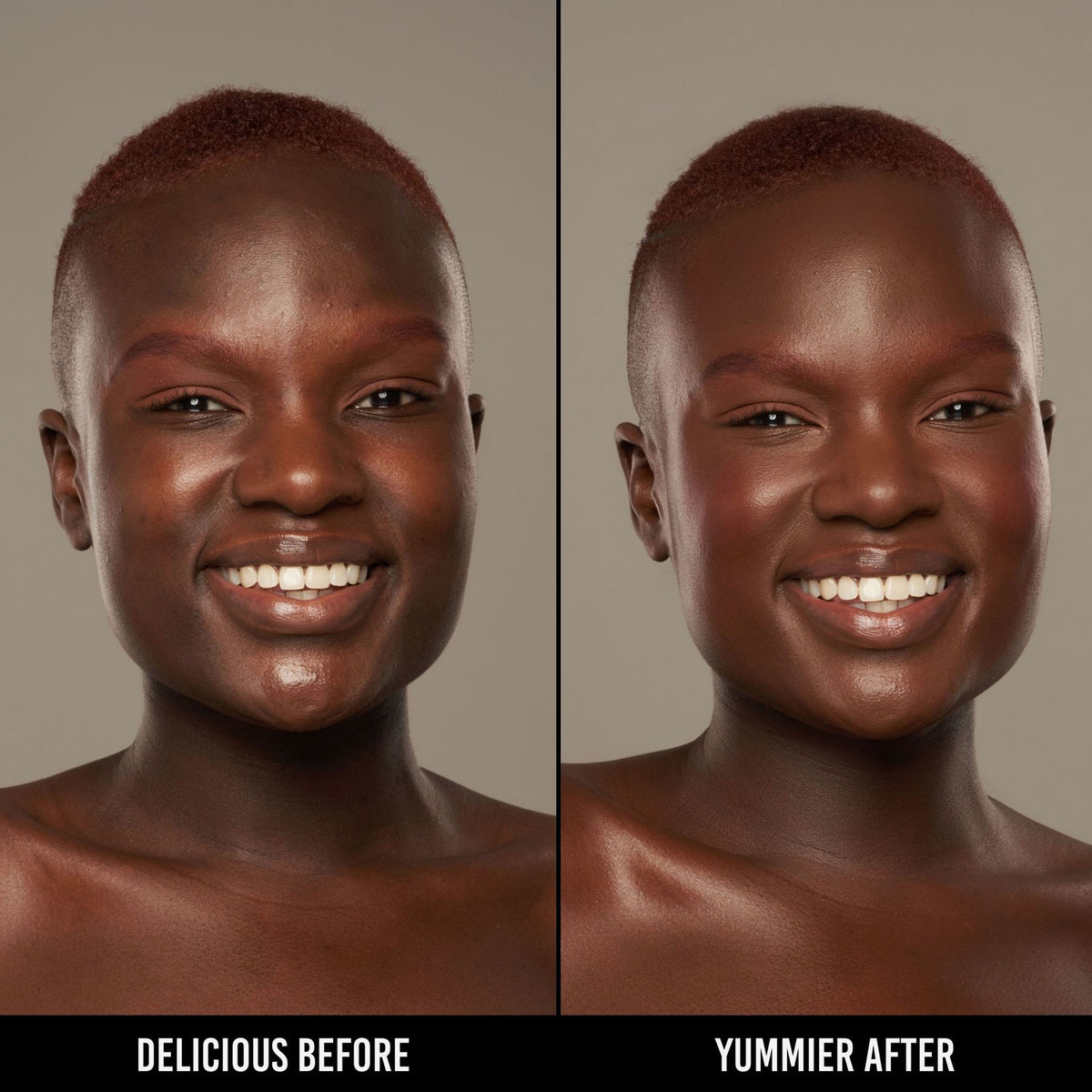 Vorher-Nachher-Bild einer Frau mit dunkelm Hautton nach Anwendung der Yummy Skin Serum Foundation 25W – sichtbar ebenmäßiger Teint.