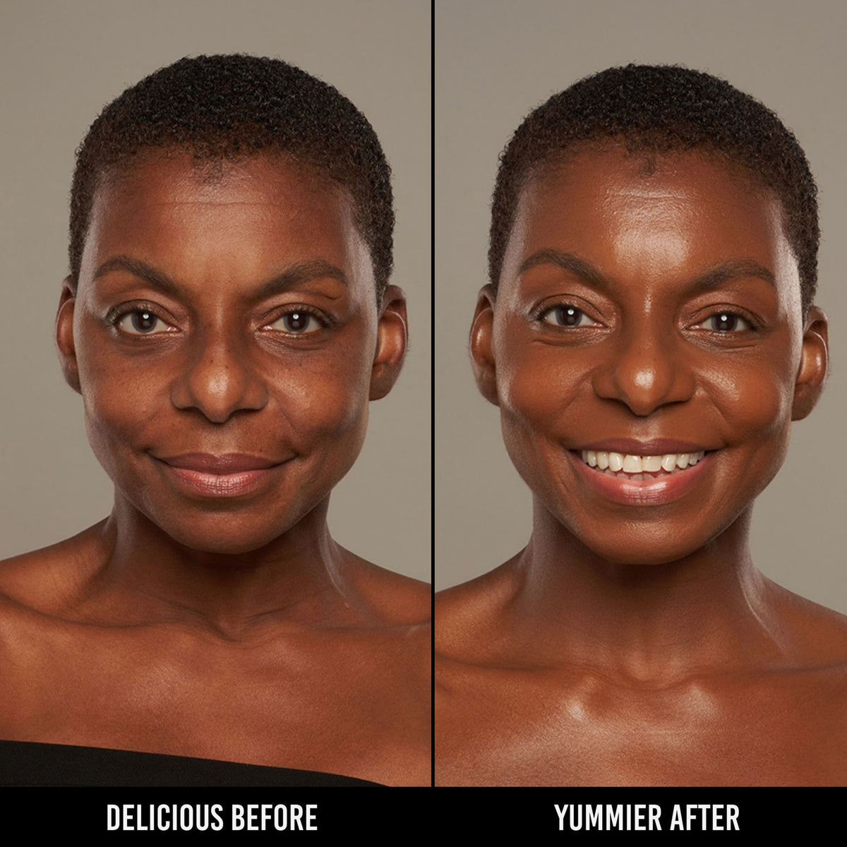 Vorher-Nachher-Bild einer Frau mit dunklem Hautton nach Anwendung der Yummy Skin Serum Foundation 22N – sichtbar ebenmäßiger Teint.