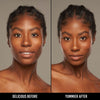 Vorher-Nachher-Bild einer Frau mit dunklem Hautton nach Anwendung der Yummy Skin Serum Foundation 21N – sichtbar ebenmäßiger Teint.