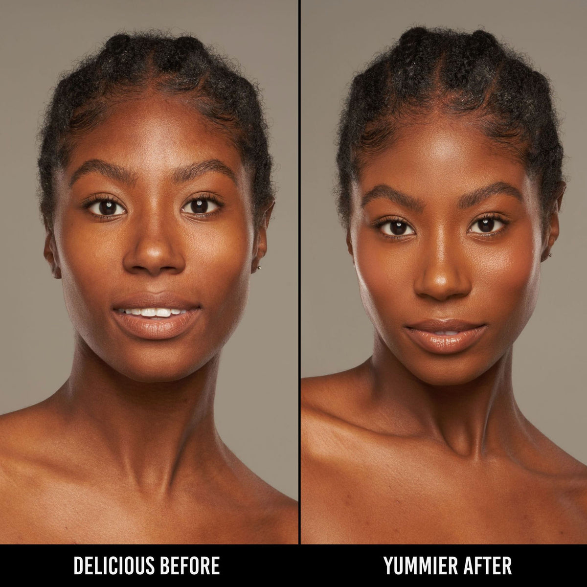 Vorher-Nachher-Bild einer Frau mit dunklem Hautton nach Anwendung der Yummy Skin Serum Foundation 21N – sichtbar ebenmäßiger Teint.