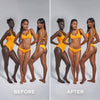 Vorher-Nachher-Bild von drei Frauen in orangefarbenen Badeanzügen; nach Anwendung des Technocolor 1 Hour Express Self Tanning Foam Caramel leicht gebräunt.