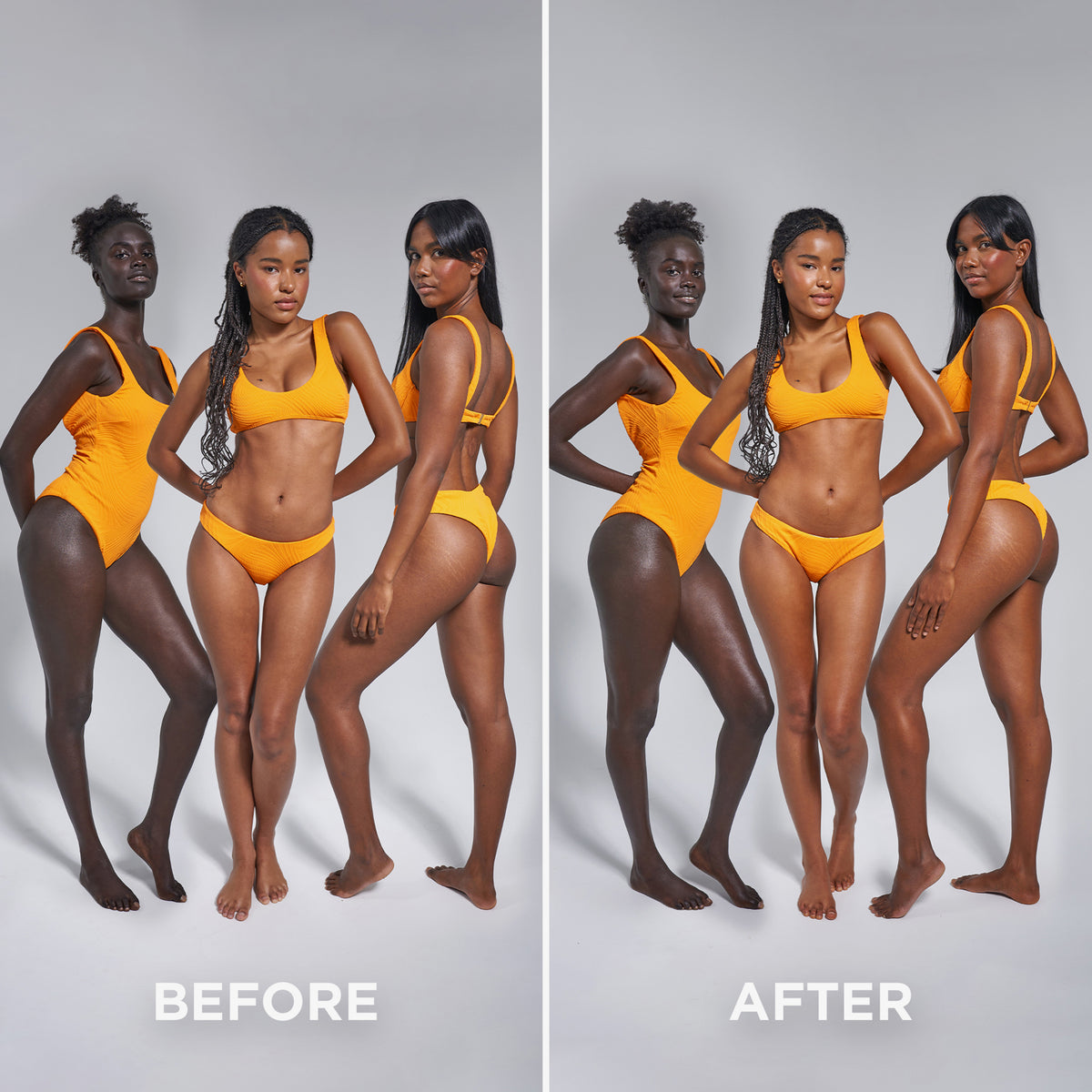 Vorher-Nachher-Bild von drei Frauen in orangefarbenen Badeanzügen; nach Anwendung des Technocolor 1 Hour Express Self Tanning Foam Caramel leicht gebräunt.