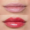 Nahaufnahme der Lippen vor und nach der Anwendung des Plumpy Lip Gloss; nachher deutlich voller und farbintensiver.