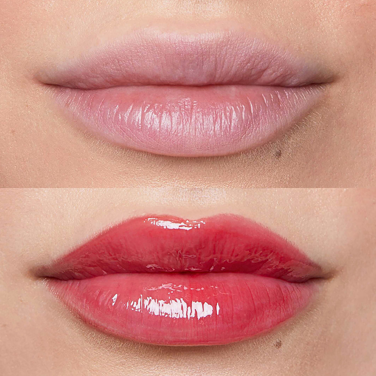 Nahaufnahme der Lippen vor und nach der Anwendung des Plumpy Lip Gloss; nachher deutlich voller und farbintensiver.