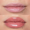 Nahaufnahme der Lippen vor und nach der Anwendung des Plumpy Lip Gloss; nachher deutlich voller und farbintensiver.
